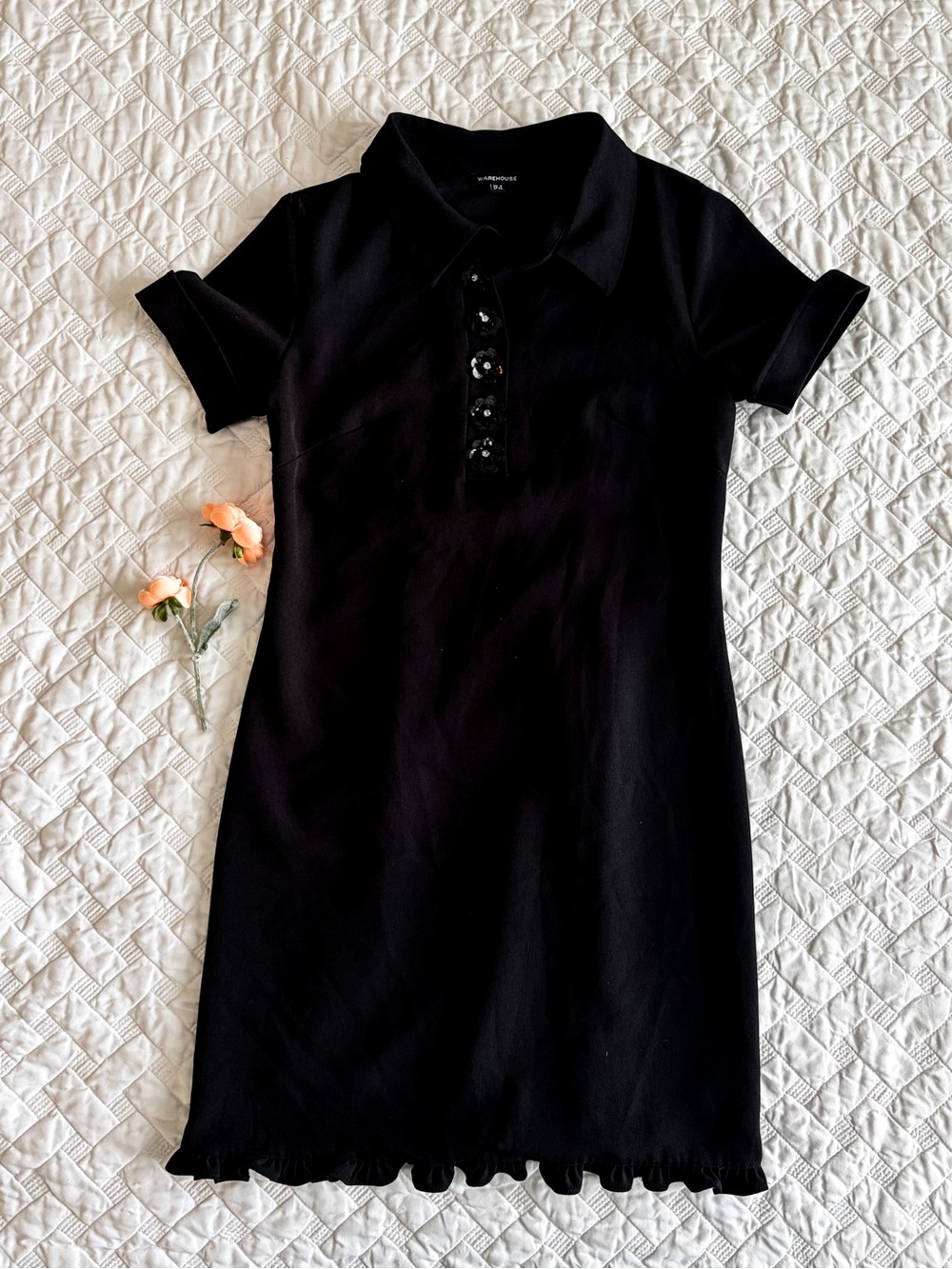 Warehouse Black Polo Mini Dress Sparkly Floral Buttons Ruffle Hem US 4